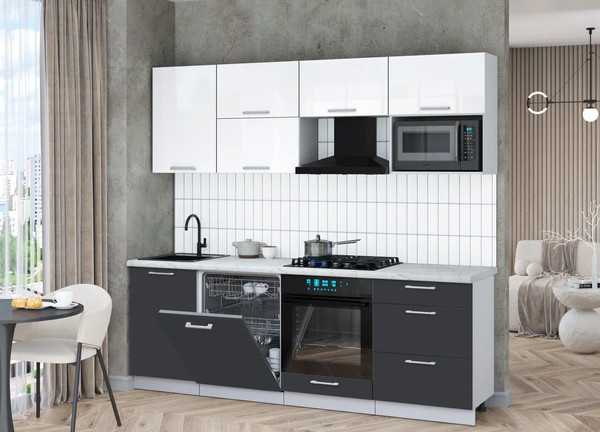 Изображение товара Кухонный гарнитур Интерлиния Мила Gloss 2.3-ПМ2 (пепел/белый глянец/серый каспий)