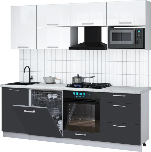 Изображение товара Кухонный гарнитур Интерлиния Мила Gloss 2.3-ПМ2 (пепел/белый глянец/серый каспий)