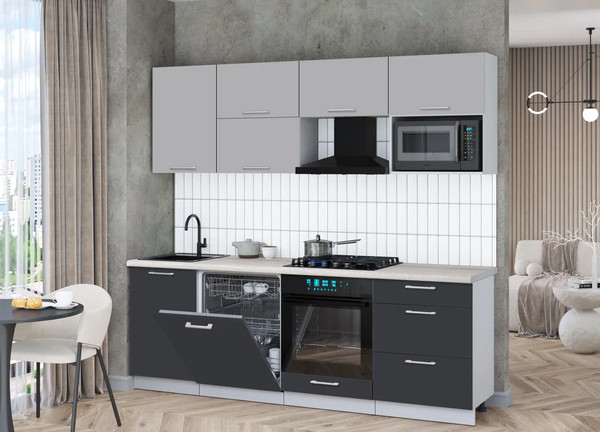 Изображение товара Кухонный гарнитур Интерлиния Мила Gloss 2.3-ПМ2 (пепел/грей/травертин серый)