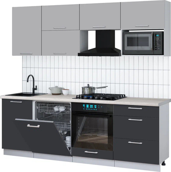 Изображение товара Кухонный гарнитур Интерлиния Мила Gloss 2.3-ПМ2 (пепел/грей/травертин серый)