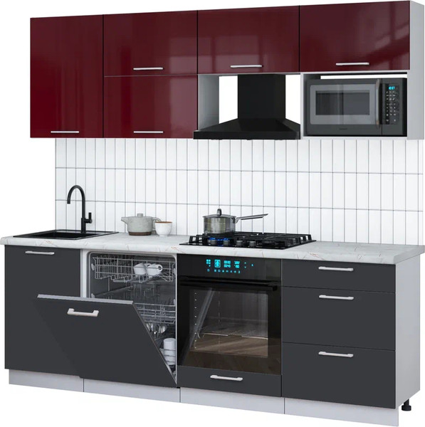 Изображение товара Кухонный гарнитур Интерлиния Мила Gloss 2.3-ПМ2 (пепел/бордовый глянец/серый каспий)