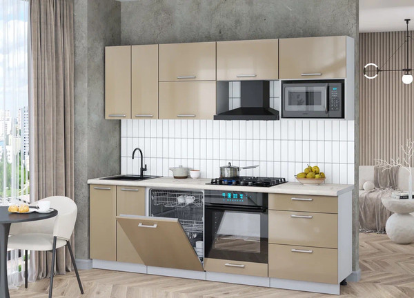 Изображение товара Кухонный гарнитур Интерлиния Мила Gloss 2.4-ПМ2 (капучино глянец/капучино глянец/бискайская сосна)