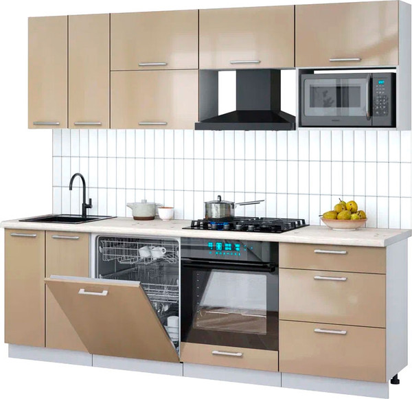 Изображение товара Кухонный гарнитур Интерлиния Мила Gloss 2.4-ПМ2 (капучино глянец/капучино глянец/бискайская сосна)