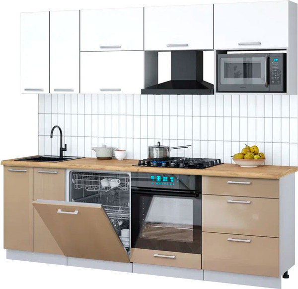 Изображение товара Кухонный гарнитур Интерлиния Мила Gloss 2.4-ПМ2 (капучино глянец/белый/дуб бунратти)