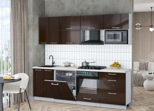 Изображение товара Кухонный гарнитур Интерлиния Мила Gloss 2.4-ПМ2 (шоколад глянец/шоколад глянец/бискайская сосна)