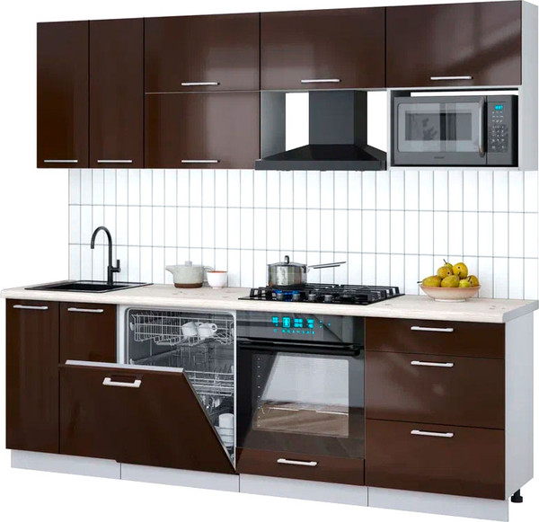 Изображение товара Кухонный гарнитур Интерлиния Мила Gloss 2.4-ПМ2 (шоколад глянец/шоколад глянец/бискайская сосна)