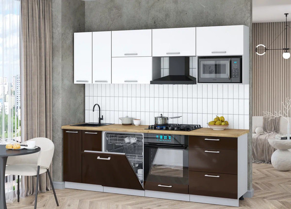 Изображение товара Кухонный гарнитур Интерлиния Мила Gloss 2.4-ПМ2 (шоколад глянец/белый/дуб бунратти)