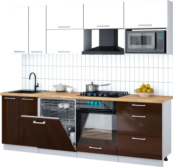 Изображение товара Кухонный гарнитур Интерлиния Мила Gloss 2.4-ПМ2 (шоколад глянец/белый/дуб бунратти)