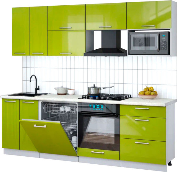 Изображение товара Кухонный гарнитур Интерлиния Мила Gloss 2.4-ПМ2 (яблоко глянец/яблоко глянец/опал светлый)