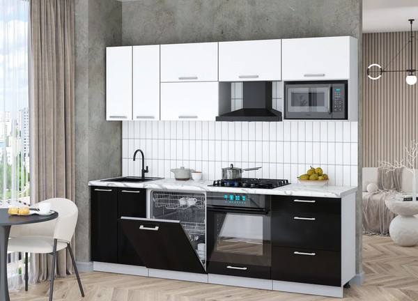 Изображение товара Кухонный гарнитур Интерлиния Мила Gloss 2.4-ПМ2 (черный глянец/белый/белый гранит)