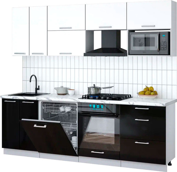 Изображение товара Кухонный гарнитур Интерлиния Мила Gloss 2.4-ПМ2 (черный глянец/белый/белый гранит)