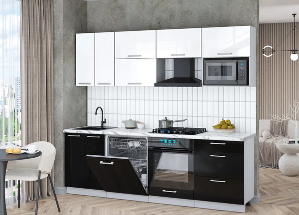 Изображение товара Кухонный гарнитур Интерлиния Мила Gloss 2.4-ПМ2 (черный глянец/белый глянец/белый гранит)