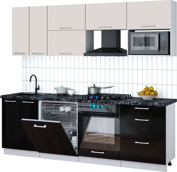 Изображение товара Кухонный гарнитур Интерлиния Мила Gloss 2.4-ПМ2 (черный глянец/кашемир/кастилло темный)