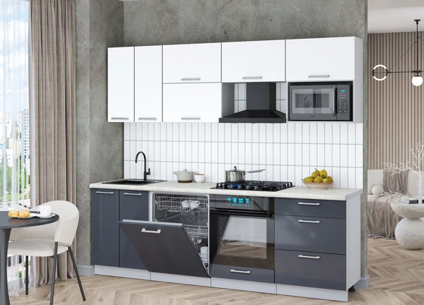 Изображение товара Кухонный гарнитур Интерлиния Мила Gloss 2.4-ПМ2 (асфальт глянец/белый/опал светлый)