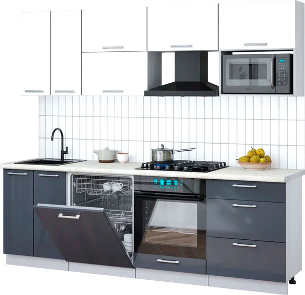 Изображение товара Кухонный гарнитур Интерлиния Мила Gloss 2.4-ПМ2 (асфальт глянец/белый/опал светлый)