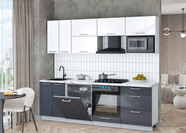 Изображение товара Кухонный гарнитур Интерлиния Мила Gloss 2.4-ПМ2 (асфальт глянец/белый глянец/белый гранит)