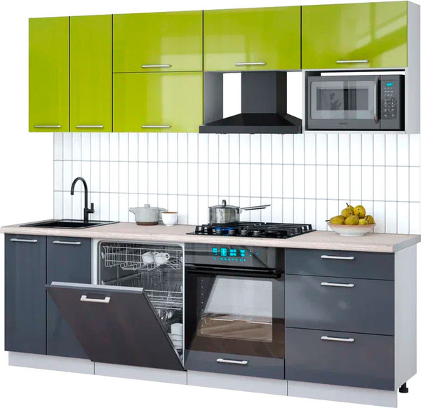 Изображение товара Кухонный гарнитур Интерлиния Мила Gloss 2.4-ПМ2 (асфальт глянец/яблоко глянец/травертин серый)