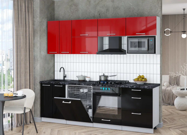 Изображение товара Кухонный гарнитур Интерлиния Мила Gloss 2.4-ПМ2 (черный глянец/красный глянец/кастилло темный)