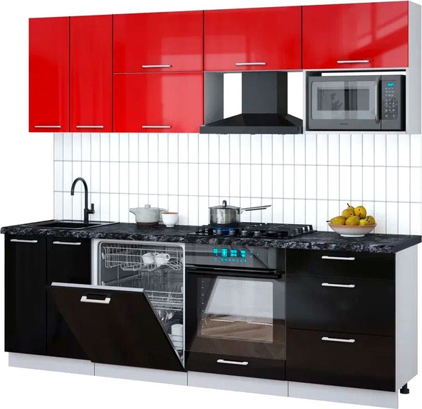 Изображение товара Кухонный гарнитур Интерлиния Мила Gloss 2.4-ПМ2 (черный глянец/красный глянец/кастилло темный)