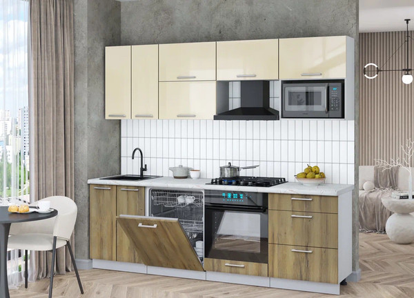 Изображение товара Кухонный гарнитур Интерлиния Мила Gloss 2.4-ПМ2 (дуб вотан/ваниль глянец/серый каспий)