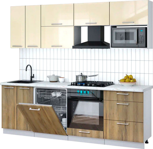 Изображение товара Кухонный гарнитур Интерлиния Мила Gloss 2.4-ПМ2 (дуб вотан/ваниль глянец/серый каспий)