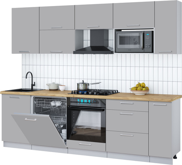 Изображение товара Кухонный гарнитур Интерлиния Мила Gloss 2.6-ПМ2 (грей/грей/дуб бунратти)