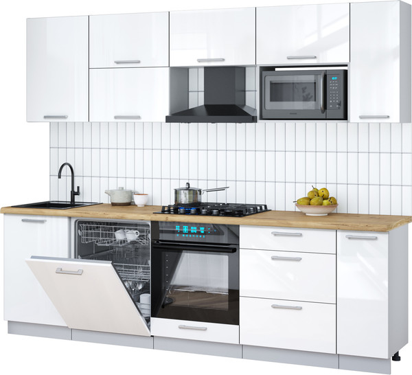 Изображение товара Кухонный гарнитур Interline Мила Gloss 2.6-ПМ2 (белый глянец/белый глянец/дуб бунратти)
