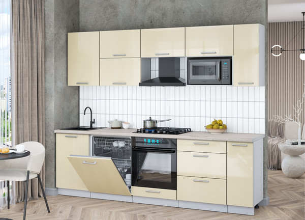 Изображение товара Кухонный гарнитур Интерлиния Мила Gloss 2.6-ПМ2 (ваниль глянец/ваниль глянец/травертин серый)