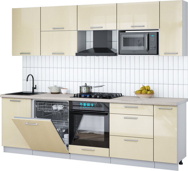 Изображение товара Кухонный гарнитур Интерлиния Мила Gloss 2.6-ПМ2 (ваниль глянец/ваниль глянец/травертин серый)