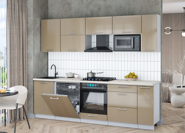 Изображение товара Кухонный гарнитур Интерлиния Мила Gloss 2.6-ПМ2 (капучино глянец/капучино глянец/бискайская сосна)