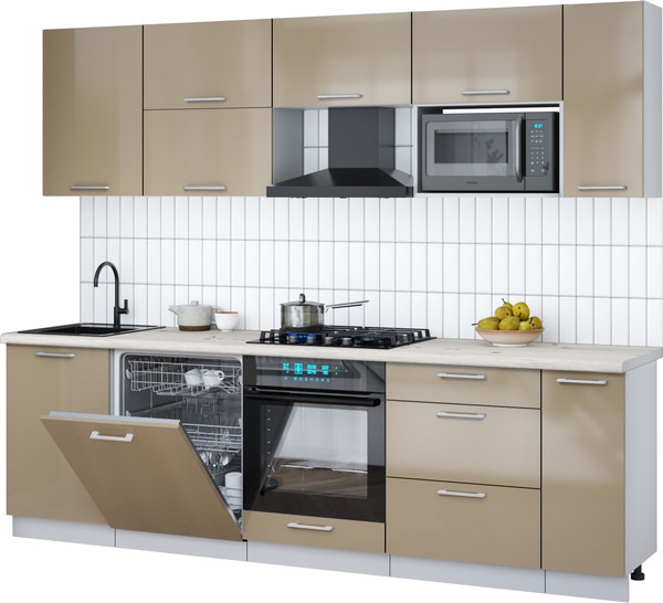 Изображение товара Кухонный гарнитур Интерлиния Мила Gloss 2.6-ПМ2 (капучино глянец/капучино глянец/бискайская сосна)
