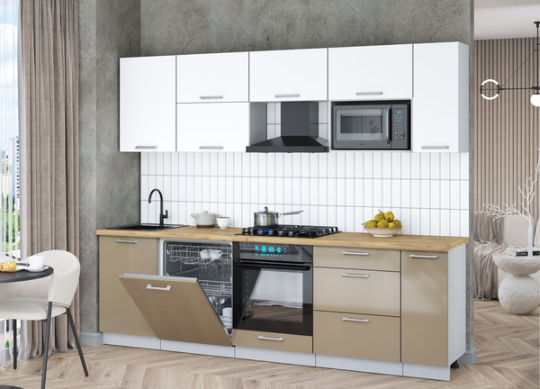 Изображение товара Кухонный гарнитур Интерлиния Мила Gloss 2.6-ПМ2 (капучино глянец/белый/дуб бунратти)