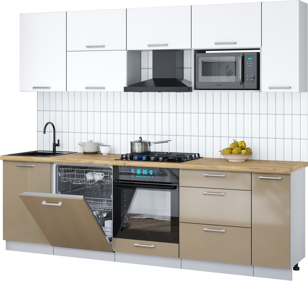 Изображение товара Кухонный гарнитур Интерлиния Мила Gloss 2.6-ПМ2 (капучино глянец/белый/дуб бунратти)