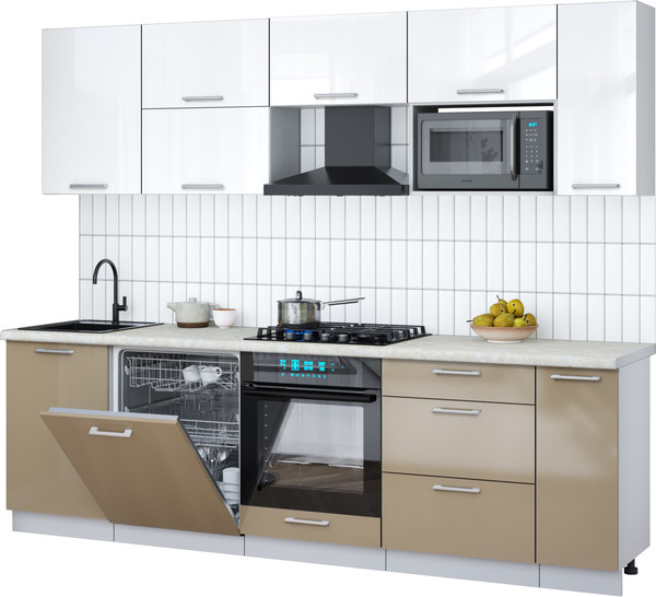 Изображение товара Кухонный гарнитур Интерлиния Мила Gloss 2.6-ПМ2 (капучино глянец/белый глянец/опал светлый)