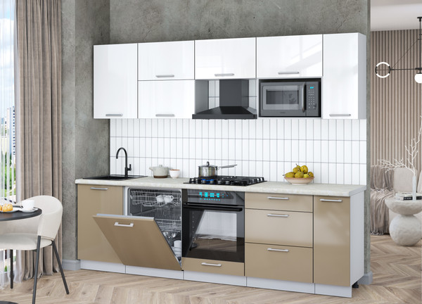 Изображение товара Кухонный гарнитур Интерлиния Мила Gloss 2.6-ПМ2 (капучино глянец/белый глянец/опал светлый)