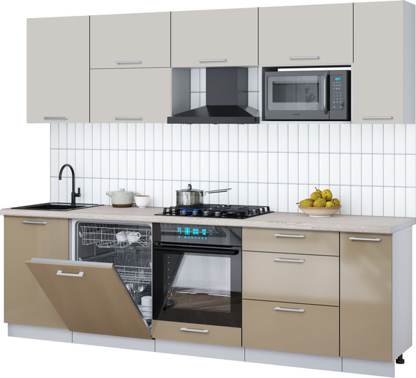 Изображение товара Кухонный гарнитур Интерлиния Мила Gloss 2.6-ПМ2 (капучино глянец/кашемир/травертин серый)
