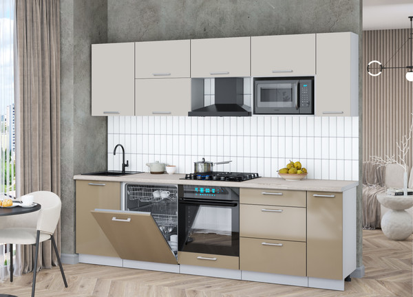 Изображение товара Кухонный гарнитур Интерлиния Мила Gloss 2.6-ПМ2 (капучино глянец/кашемир/травертин серый)