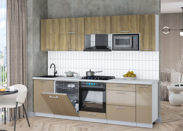 Изображение товара Кухонный гарнитур Интерлиния Мила Gloss 2.6-ПМ2 (капучино глянец/дуб вотан/серый каспий)