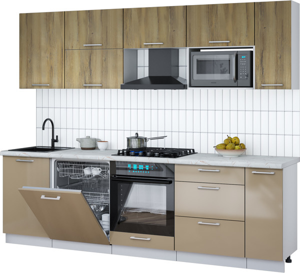 Изображение товара Кухонный гарнитур Интерлиния Мила Gloss 2.6-ПМ2 (капучино глянец/дуб вотан/серый каспий)