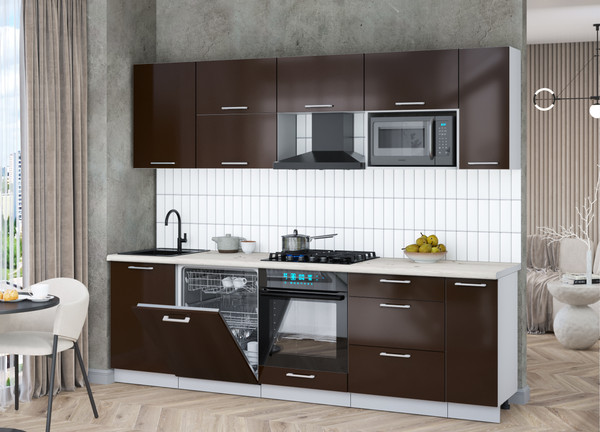Изображение товара Кухонный гарнитур Интерлиния Мила Gloss 2.6-ПМ2 (шоколад глянец/шоколад глянец/бискайская сосна)