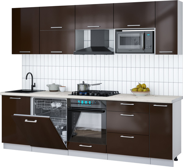Изображение товара Кухонный гарнитур Интерлиния Мила Gloss 2.6-ПМ2 (шоколад глянец/шоколад глянец/бискайская сосна)