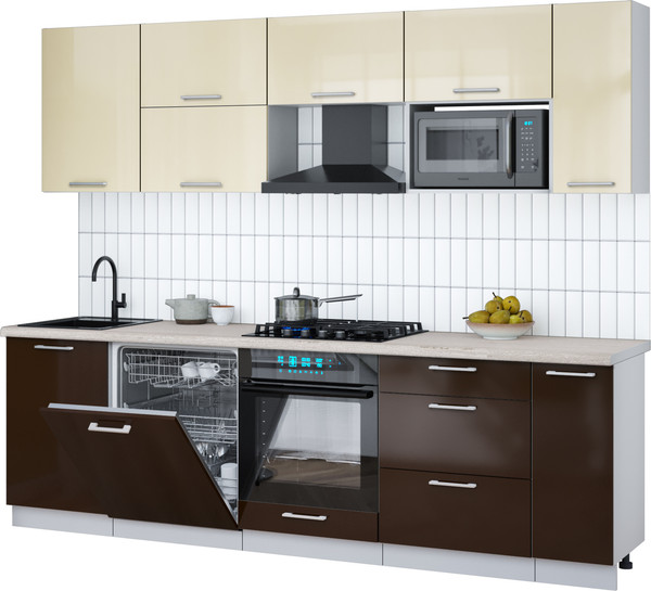 Изображение товара Кухонный гарнитур Интерлиния Мила Gloss 2.6-ПМ2 (шоколад глянец/ваниль глянец/травертин серый)