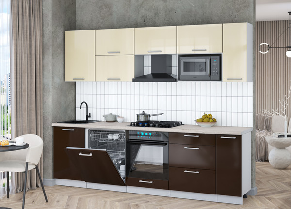 Изображение товара Кухонный гарнитур Интерлиния Мила Gloss 2.6-ПМ2 (шоколад глянец/ваниль глянец/травертин серый)