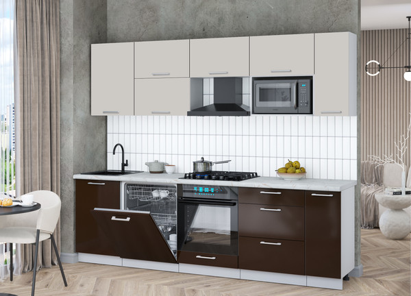 Изображение товара Кухонный гарнитур Интерлиния Мила Gloss 2.6-ПМ2 (шоколад глянец/кашемир/серый каспий)