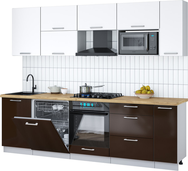 Изображение товара Кухонный гарнитур Интерлиния Мила Gloss 2.6-ПМ2 (шоколад глянец/белый/дуб бунратти)