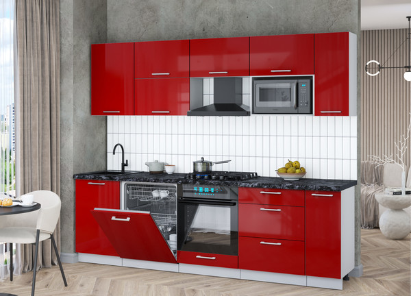 Изображение товара Кухонный гарнитур Интерлиния Мила Gloss 2.6-ПМ2 (красный глянец/красный глянец/кастилло темный)