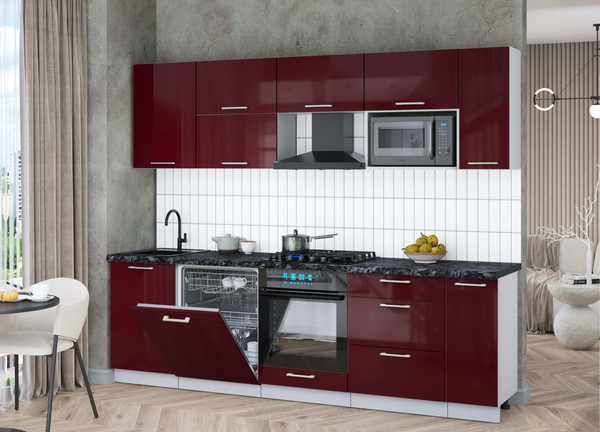 Изображение товара Кухонный гарнитур Интерлиния Мила Gloss 2.6-ПМ2 (бордовый глянец/бордовый глянец/кастилло темный)