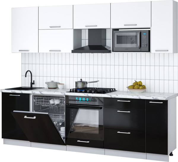 Изображение товара Кухонный гарнитур Интерлиния Мила Gloss 2.6-ПМ2 (черный глянец/белый/белый гранит)