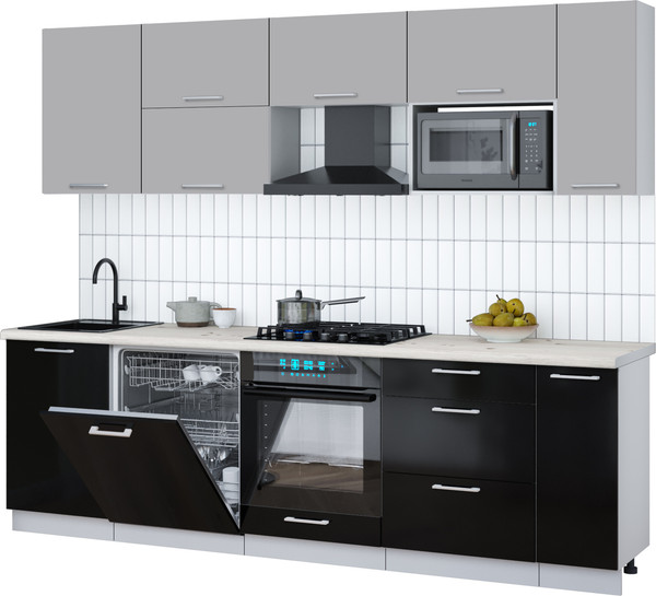 Изображение товара Кухонный гарнитур Интерлиния Мила Gloss 2.6-ПМ2 (черный глянец/грей/бискайская сосна)