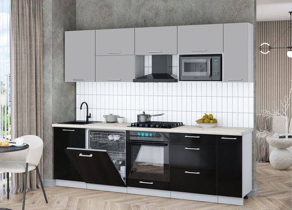 Изображение товара Кухонный гарнитур Интерлиния Мила Gloss 2.6-ПМ2 (черный глянец/грей/бискайская сосна)